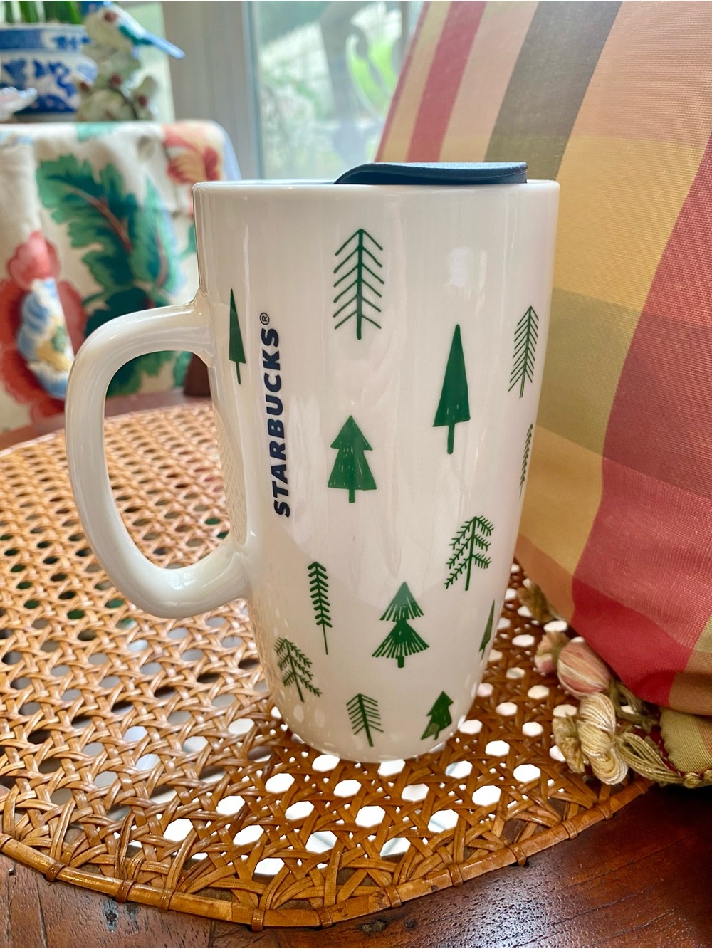 Starbucks White Christmas Mug with Green Trees